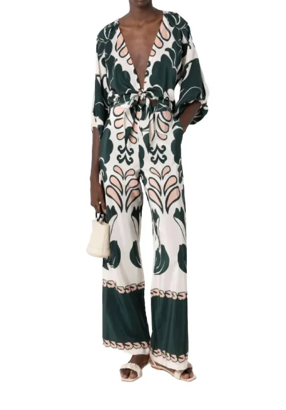 Stock Up Spray Of Flower Wide-Leg Pant In Dark Green