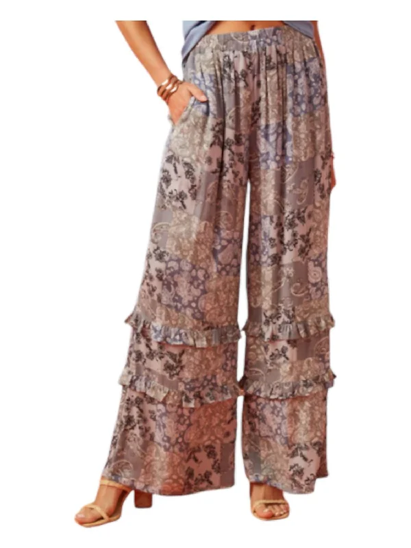 Clearance Sale Ruffle Detail Paisley Quilt Print Pants In Blue