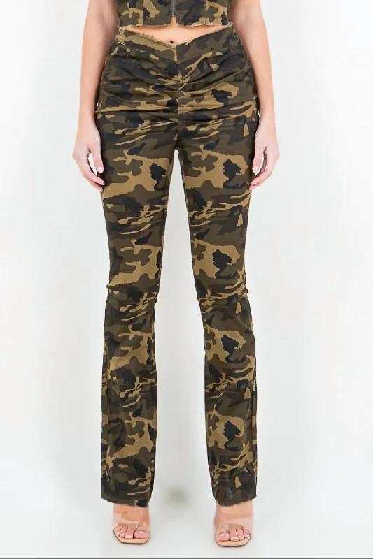 Discount Deals V-Cut Camo Flared Pants In Olive Camo