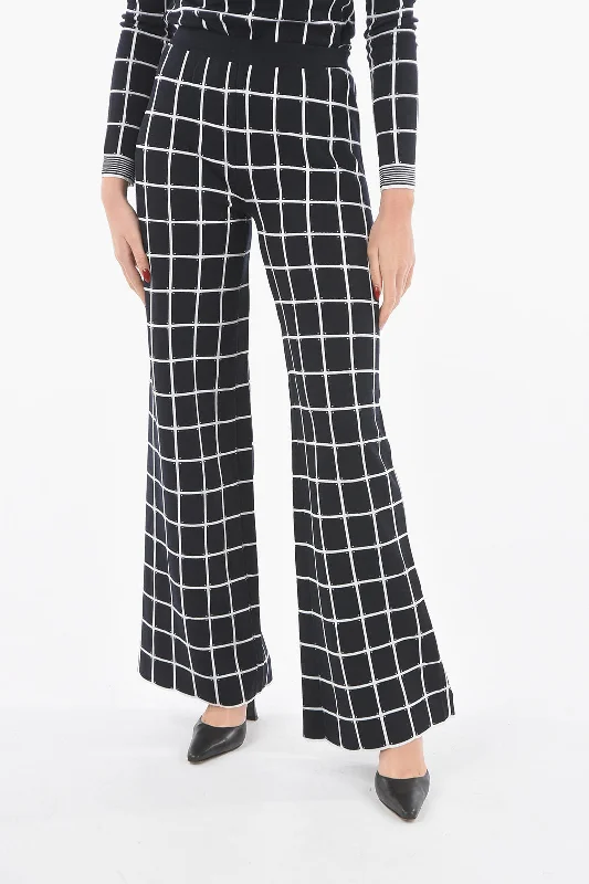 Limited Time Offer DROMe Windowpane-checkered Jersey Flared Pants with Scalloped Hem