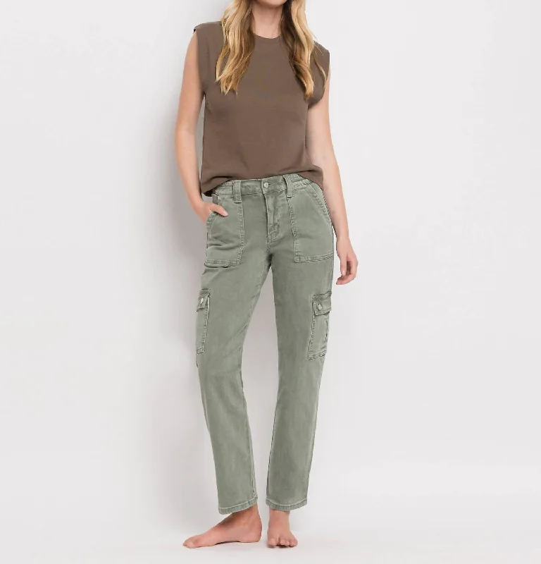 Low Cost High Rise Cargo Straight Jeans In Army Green
