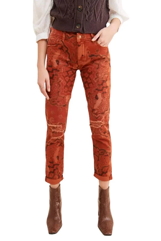 Don't Delay Slim Boyfriend Crop Pants In Orange Motif