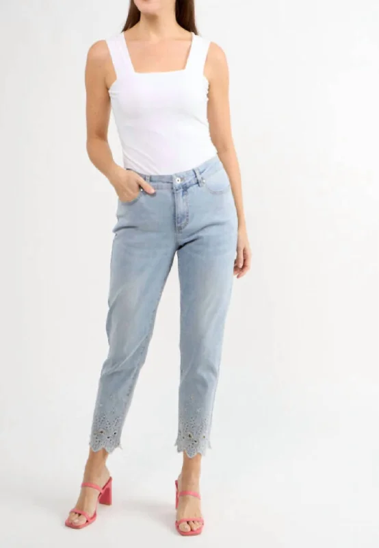 Weekend Bargains to Sizzle Button Front Jeans With Floral Cutouts And Bling In Light Blue