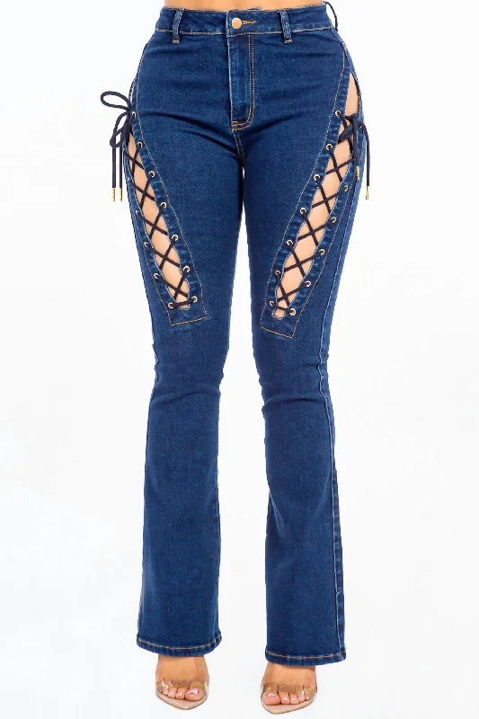 Weekend Bargains to Indulge In Chic Lace Up High Rise Denim In Dark Blue