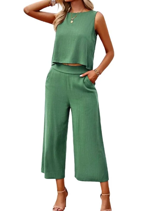 Unmissable Sale Sleeveless Cropped Top And Wide Pants Set In Green