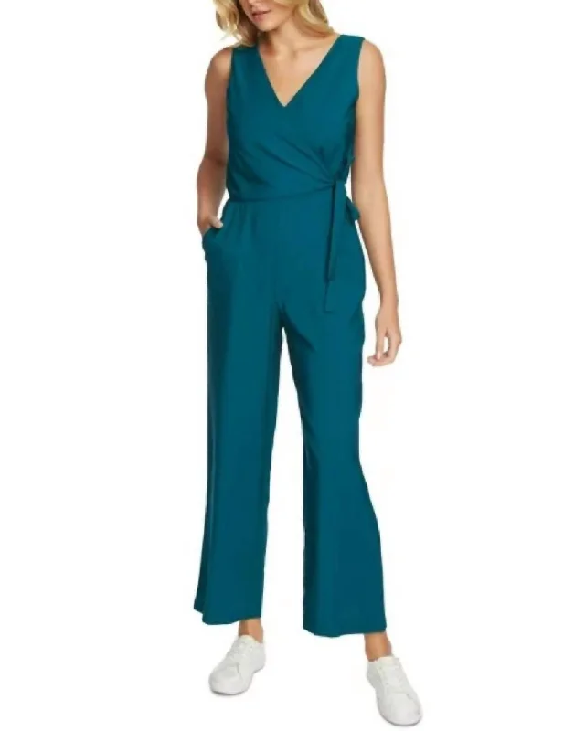 Quick Sale Sleeveless Vneck Wrap Cropped Jumpsuit In Blue Green