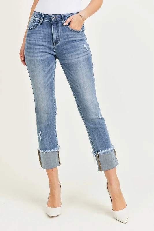 Savings Alert Raw Hem Cuffed Slim Straight Leg Jeans In Blue