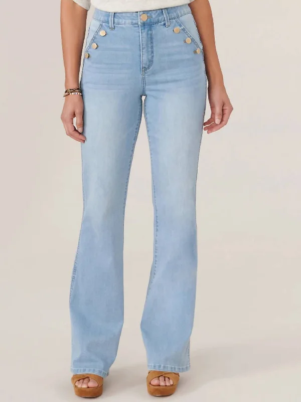 Epic Value Skyrise Long Flare Jean With Angled Button-Lined Pockets In Powder Blue Artisanal Denim