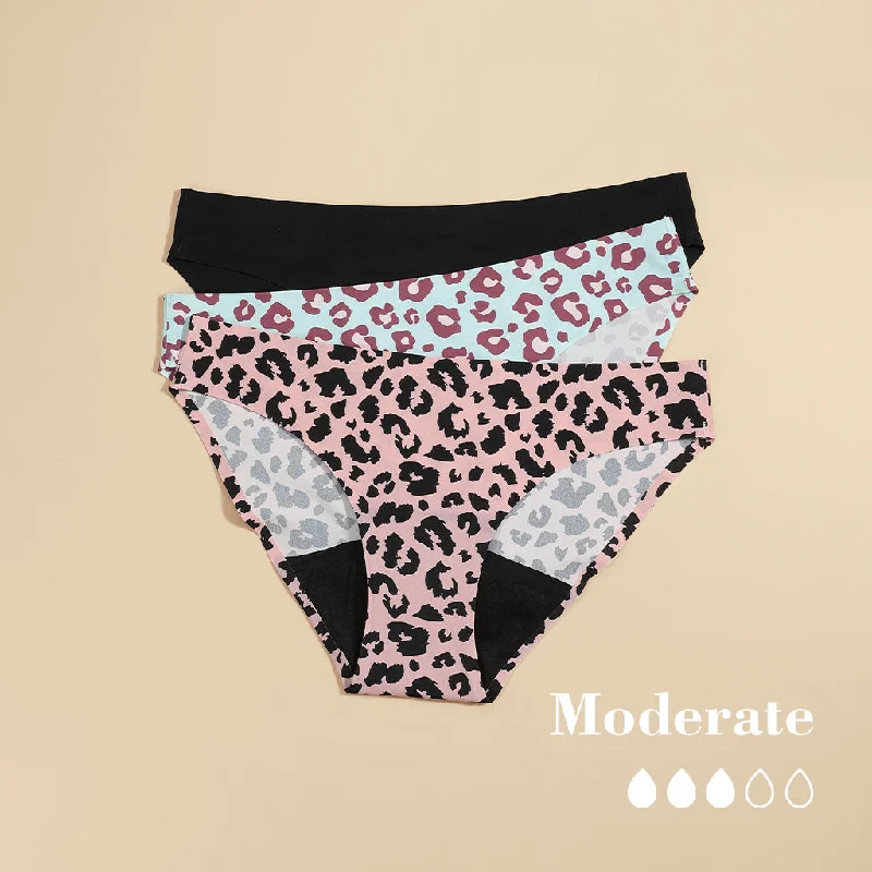 Warehouse Sale 3 Pack Seamless Period Panties Bikini Leopard Print - Moderate Flow