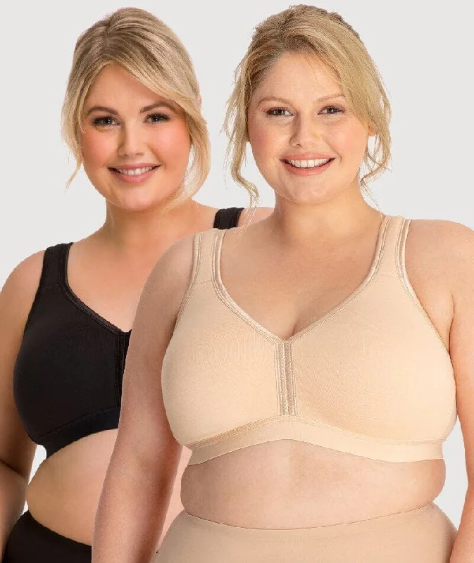 While Supplies Last Ava & Audrey Faye Cotton Wire-free Support Bra 2 Pack - Black/Frappe