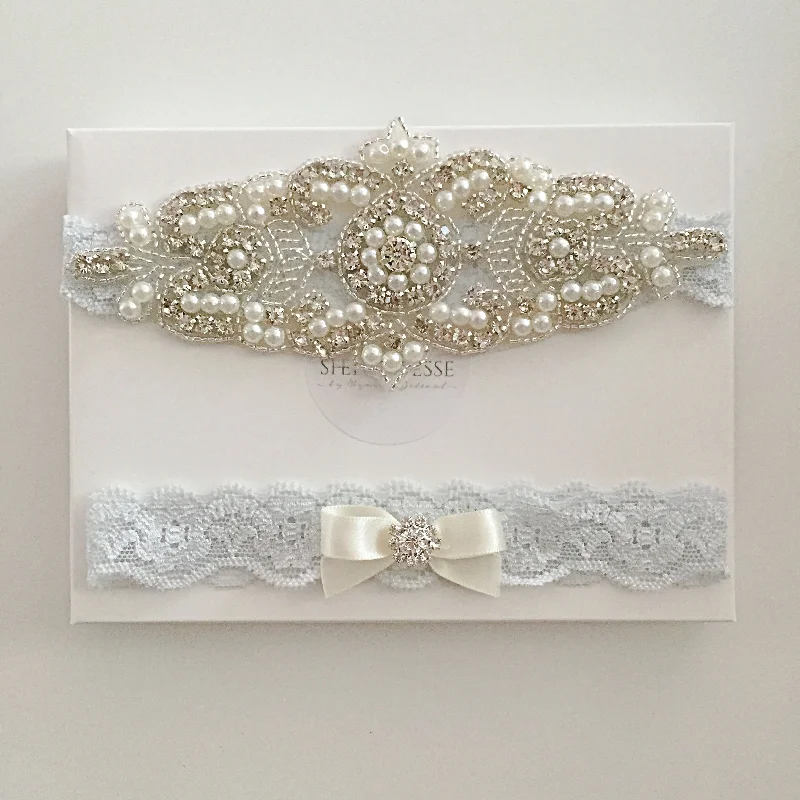 Major Savings ELISABETH|  Blue Lace Wedding Garters with Crystals and Pearls - Something blue