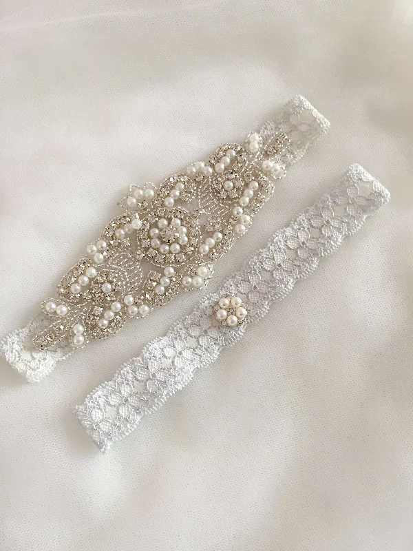 Hurry In ELISABETH|  Blue Lace Wedding Garters with Crystals and Pearls - Something blue