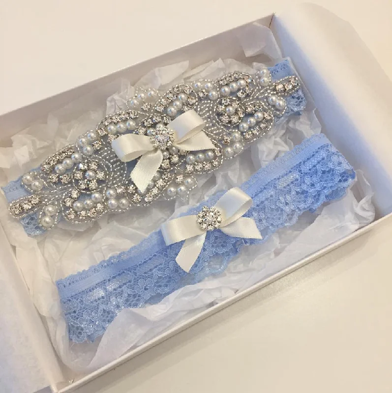 Sale Event ELISABETH II |  Blue Lace Wedding Garters with Crystals and Pearls - Something Blue Bridal