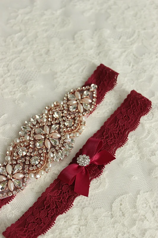 Buy Now JUDY | Deep Burgundy Rose Gold Wedding Garter Set with Rose Gold Details, Crystals and Pearls