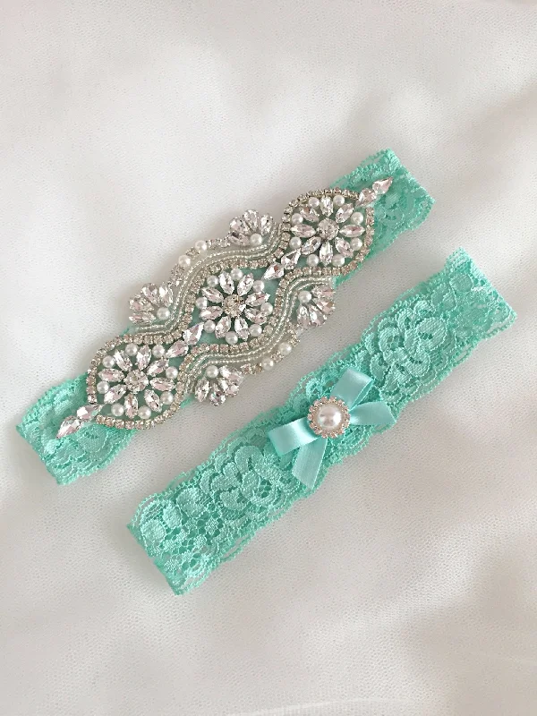 Fantastic Offers LEILA | Seafoam Turquoise Lace Wedding Garter Set with Crystals and Pearls