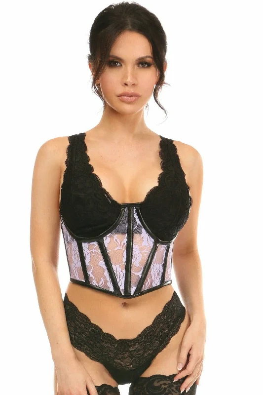 Bonus Savings Lavish Sheer Lavender Lace & Faux Leather Open Cup Waist Cincher