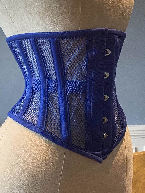 Warehouse Sale Real steel boned underbust corset from blue transparent mesh and cotton. Real waist training corset for tight lacing. Warehouse Sale Real steel boned underbust corset from blue transparent mesh and cotton. Real waist training corset for tight lacing.