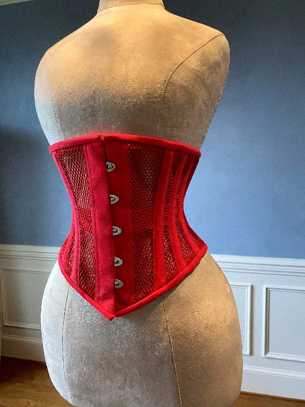 Price Blitz Real steel boned underbust underwear red corset from transparent mesh and cotton. Real waist training corset for tight lacing. Price Blitz Real steel boned underbust underwear red corset from transparent mesh and cotton. Real waist training corset for tight lacing.