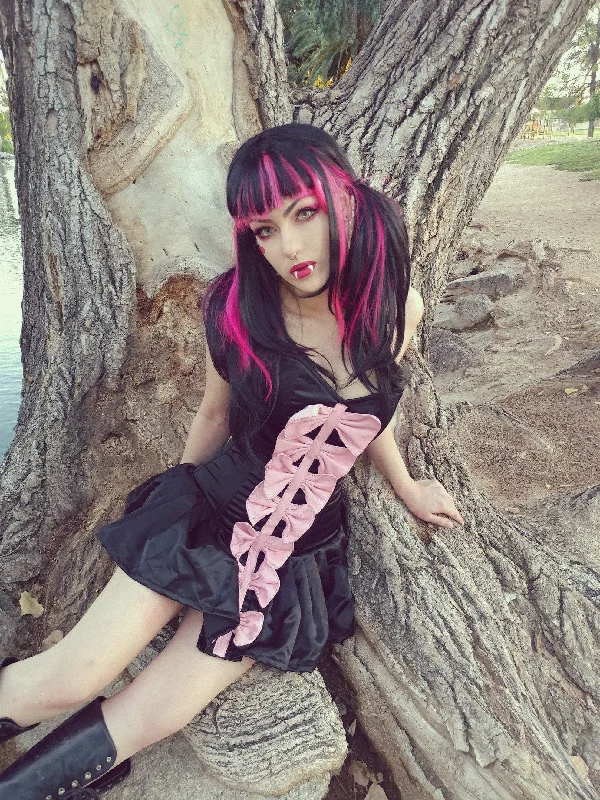 Markdown Madness Satin corset with long frill with leather bows. Draculaura cosplay corset. Pinup, photoshot, sexy, prom, Valentine, wedding dress Markdown Madness Satin corset with long frill with leather bows. Draculaura cosplay corset. Pinup, photoshot, sexy, prom, Valentine, wedding dress