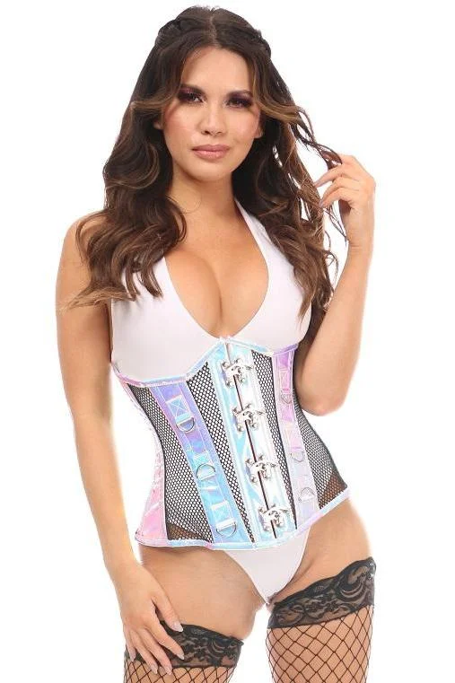 Super Savings Top Drawer Blue Holo & Black Fishnet Steel Boned Under Bust Corset