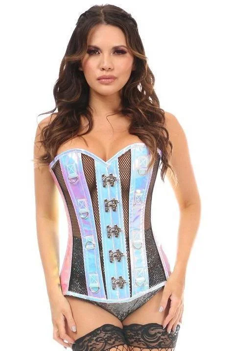 Buy More, Save More Top Drawer Blue Holo & Black Fishnet Steel Boned Over Bust Corset Buy More, Save More Top Drawer Blue Holo & Black Fishnet Steel Boned Over Bust Corset
