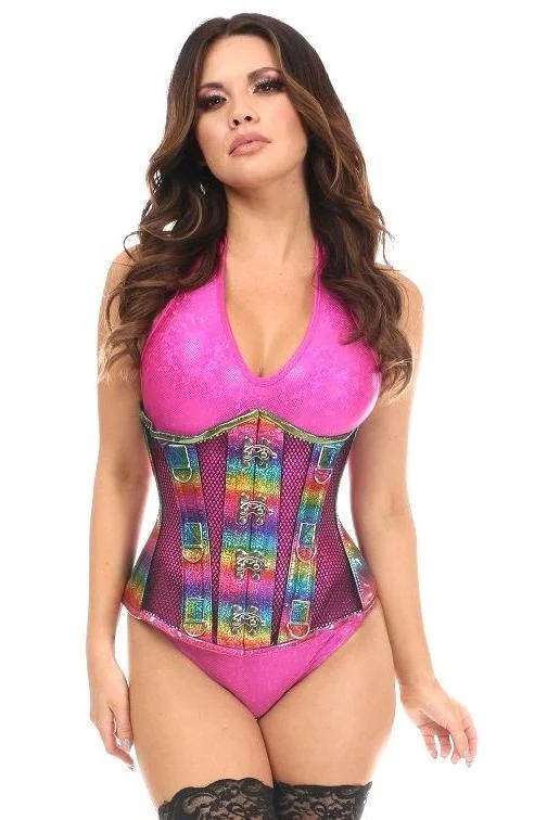 Clearance Event Top Drawer Rainbow Glitter PVC & Black Fishnet Steel Boned Under Bust Corset Clearance Event Top Drawer Rainbow Glitter PVC & Black Fishnet Steel Boned Under Bust Corset