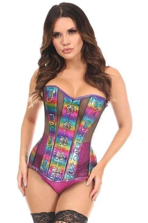 Mega Sale Top Drawer Rainbow Glitter PVC & Black Fishnet Steel Boned Over Bust Corset Mega Sale Top Drawer Rainbow Glitter PVC & Black Fishnet Steel Boned Over Bust Corset