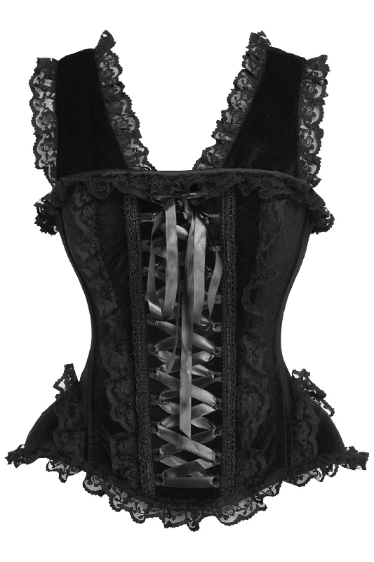 Crazy Deals Top Drawer Black Velvet & Lace Steel Boned Corset w/Cap Sleeves