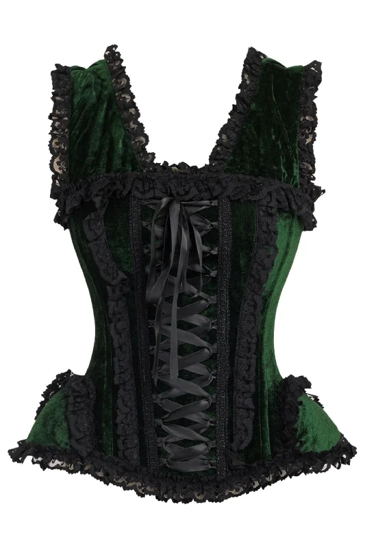Time-Limited Offer Top Drawer Dark Green Velvet & Lace Steel Boned Corset w/Cap Sleeves Time-Limited Offer Top Drawer Dark Green Velvet & Lace Steel Boned Corset w/Cap Sleeves