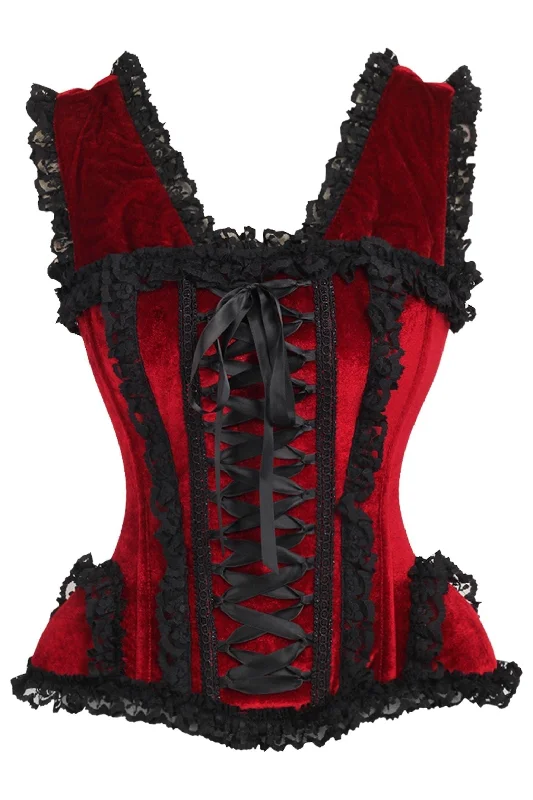 Extra Savings Top Drawer Dark Red Velvet & Lace Steel Boned Corset w/Cap Sleeves