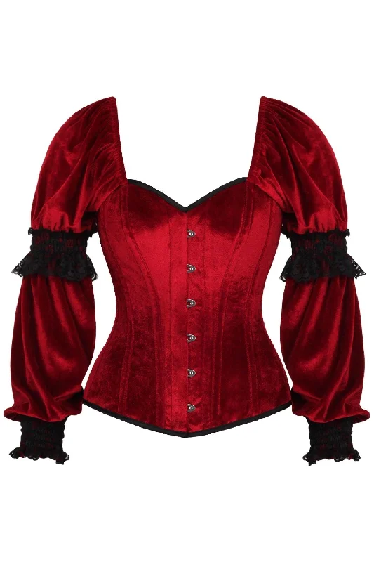 Weekend Deals That Spark Top Drawer Dark Red Velvet Steel Boned Long Sleeve Corset