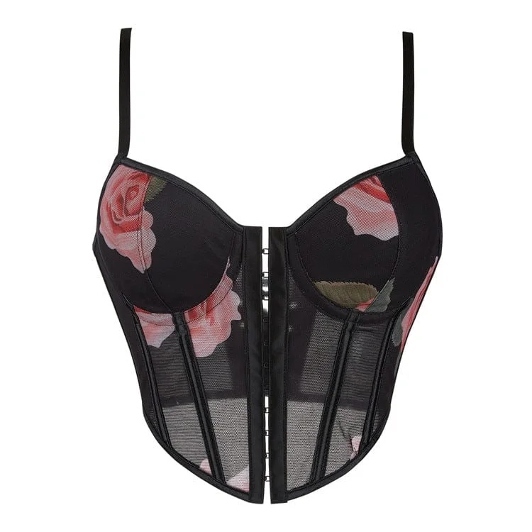 Weekend Savings Spectacle Women's Gothic Rose Printed Mesh Lace-up Overbust Corset