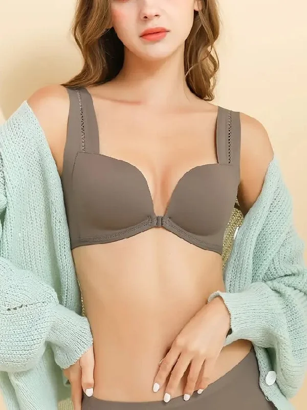 Weekend Specials to Cherish Front Closure Wide Strap Push-Up Wireless Bra Brown