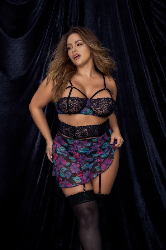 Weekend Savings Sensation Plus Size Sexy Black Dream Flower Print Bra, Thong & Skirt 3 Pc. Lingerie Set Weekend Savings Sensation Plus Size Sexy Black Dream Flower Print Bra, Thong & Skirt 3 Pc. Lingerie Set