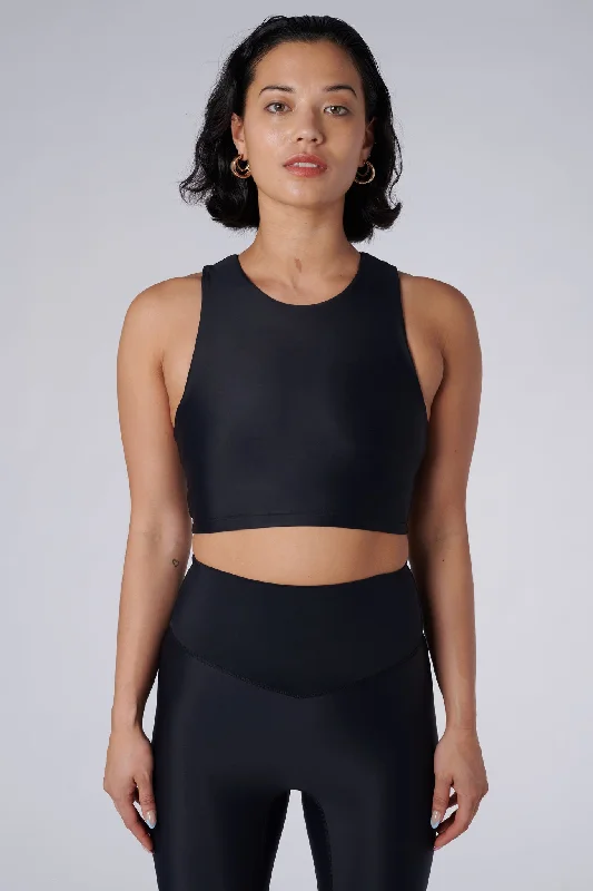 Crazy Savings Tula High Neck Racer Back Crop Top | Recycled Nylon | Black