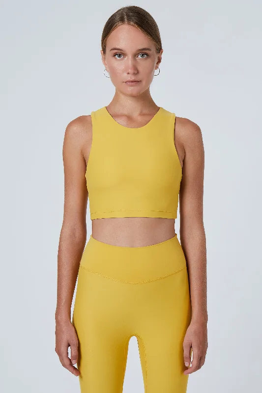 Overstock Clearance Tula High Neck Racer Back Crop Top | Recycled Nylon | Mustard